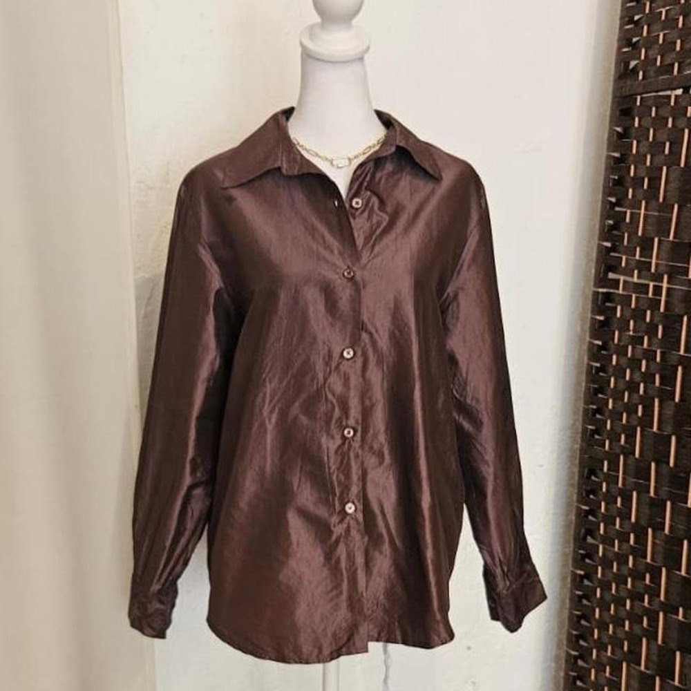 Valerie Stevens Petites Pure Silk Brown Top V-neck Long Sleeves Size 8P